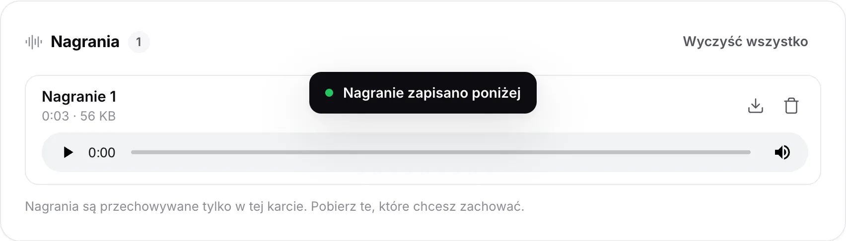 Nagranie na liście Nagrania z jego długością i rozmiarem, odtwarzaczem oraz przyciskami pobierania i usuwania