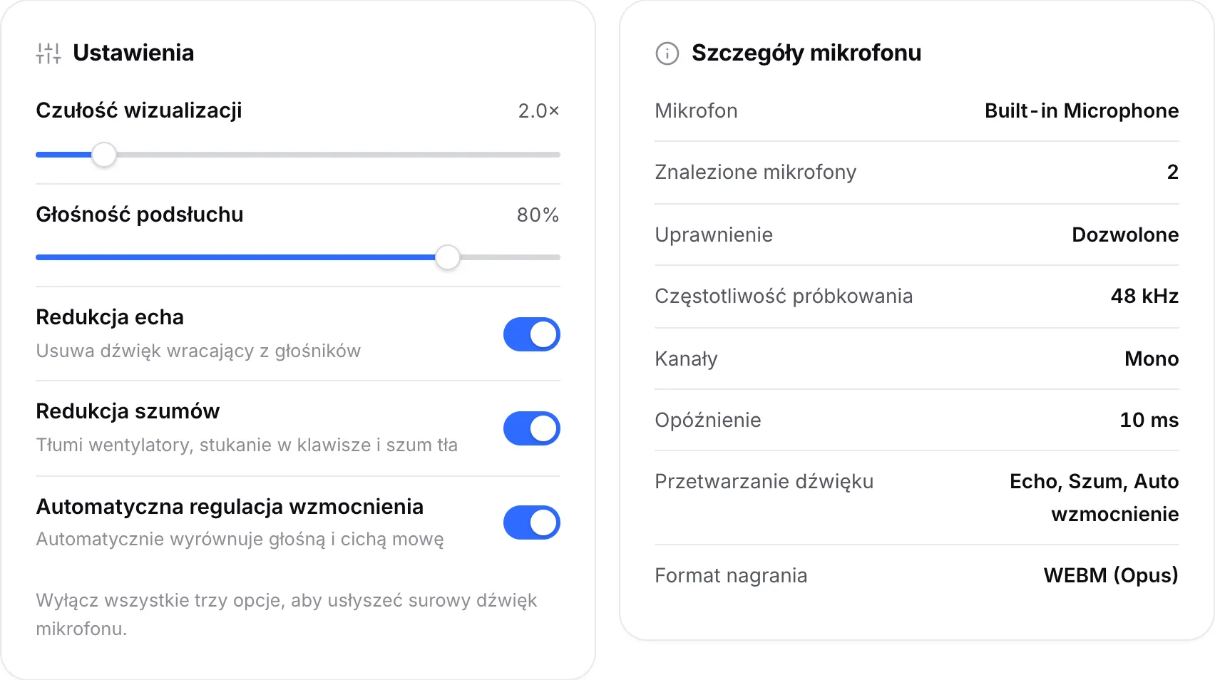 Panel Ustawienia z przełącznikami przetwarzania dźwięku obok panelu Szczegóły mikrofonu