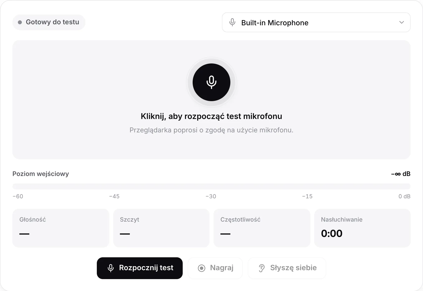 Test mikrofonu przed startem, z przyciskiem Rozpocznij test i menu mikrofonu