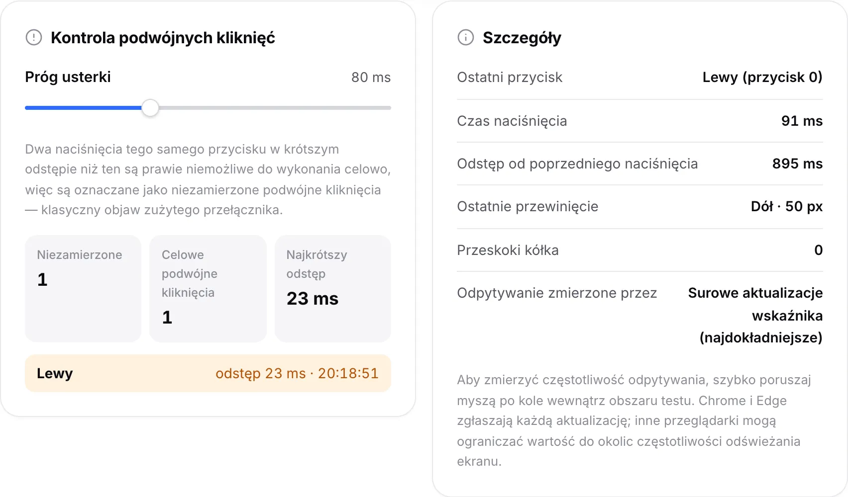 Panel Kontrola podwójnych kliknięć z wymienionym niezamierzonym podwójnym kliknięciem lewego przycisku i jednym celowym podwójnym kliknięciem, obok panelu Szczegóły