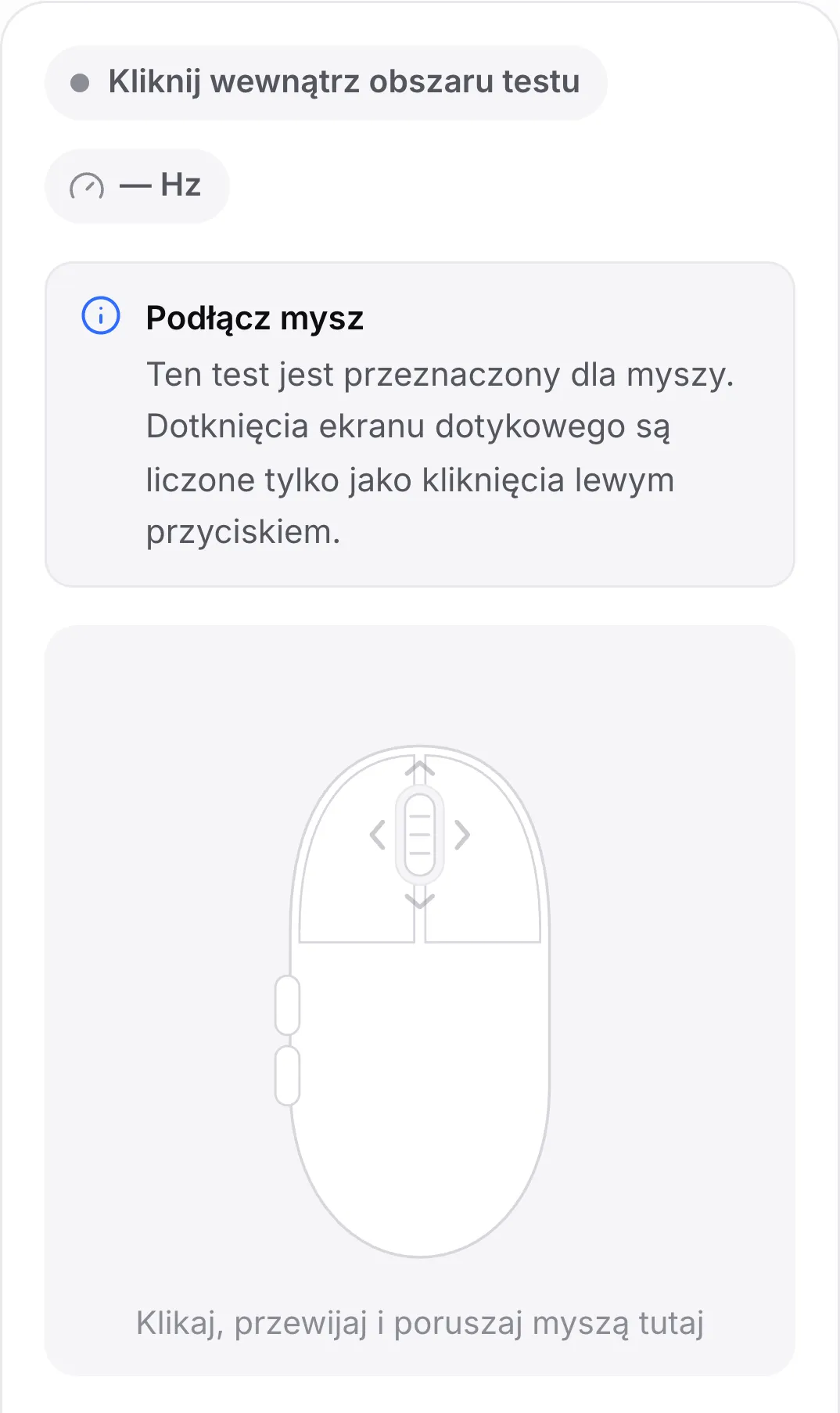 Test myszy na telefonie z komunikatem „Podłącz mysz”