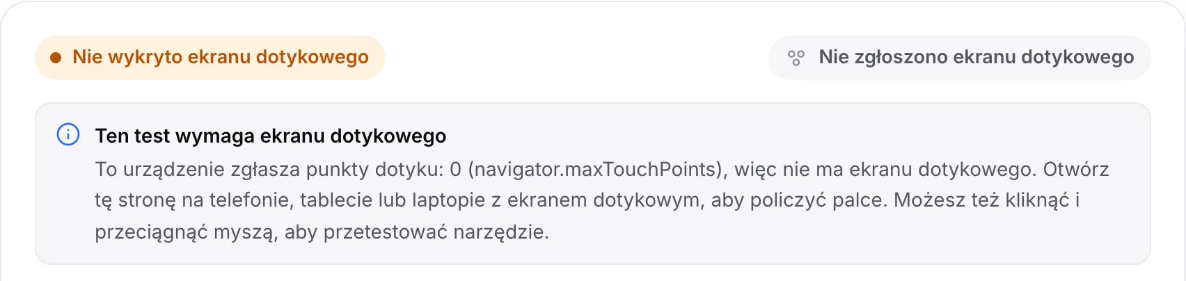 Test multitouch na komputerze: pomarańczowy status „Nie wykryto ekranu dotykowego” i komunikat „Ten test wymaga ekranu dotykowego”