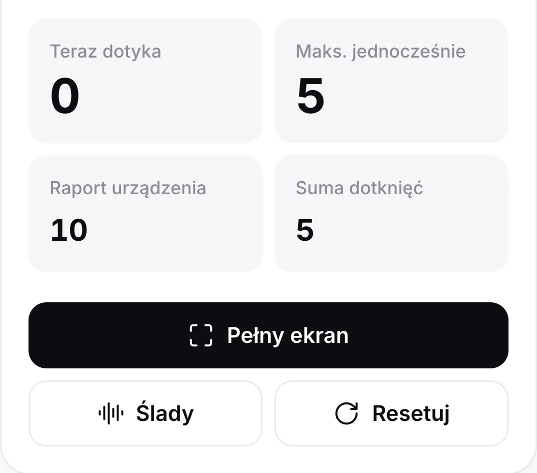 Liczniki po uniesieniu wszystkich palców: Teraz dotyka 0, Maks. jednocześnie 5, Raport urządzenia 10 i Suma dotknięć 5, nad przyciskami Pełny ekran, Ślady i Resetuj