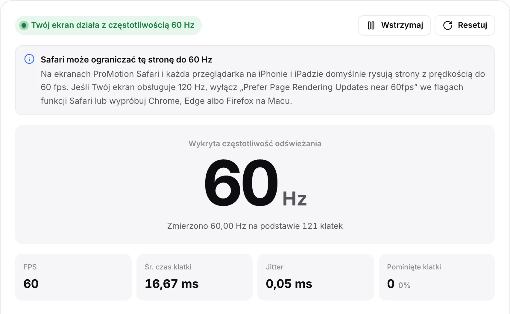 Informacja „Safari może ograniczać tę stronę do 60 Hz” nad wynikiem 60 Hz