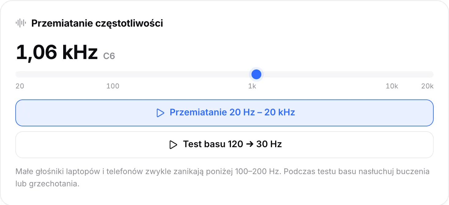 Przemiatanie częstotliwości odtwarzane przy 1,06 kHz (nuta C6), ze znacznikiem tuż za 1k na skali