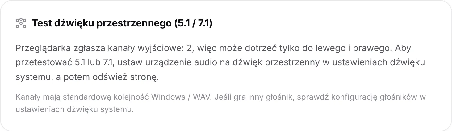 Test dźwięku przestrzennego wyjaśniający, że przeglądarka zgłasza 2 kanały wyjściowe, więc może dotrzeć tylko do lewego i prawego