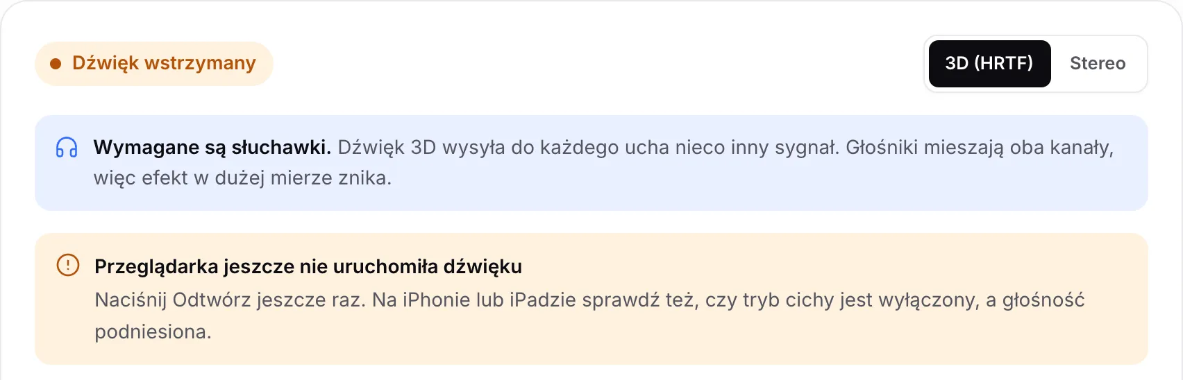 Test dźwięku 3D z pomarańczowym statusem „Dźwięk wstrzymany” i komunikatem „Przeglądarka jeszcze nie uruchomiła dźwięku”