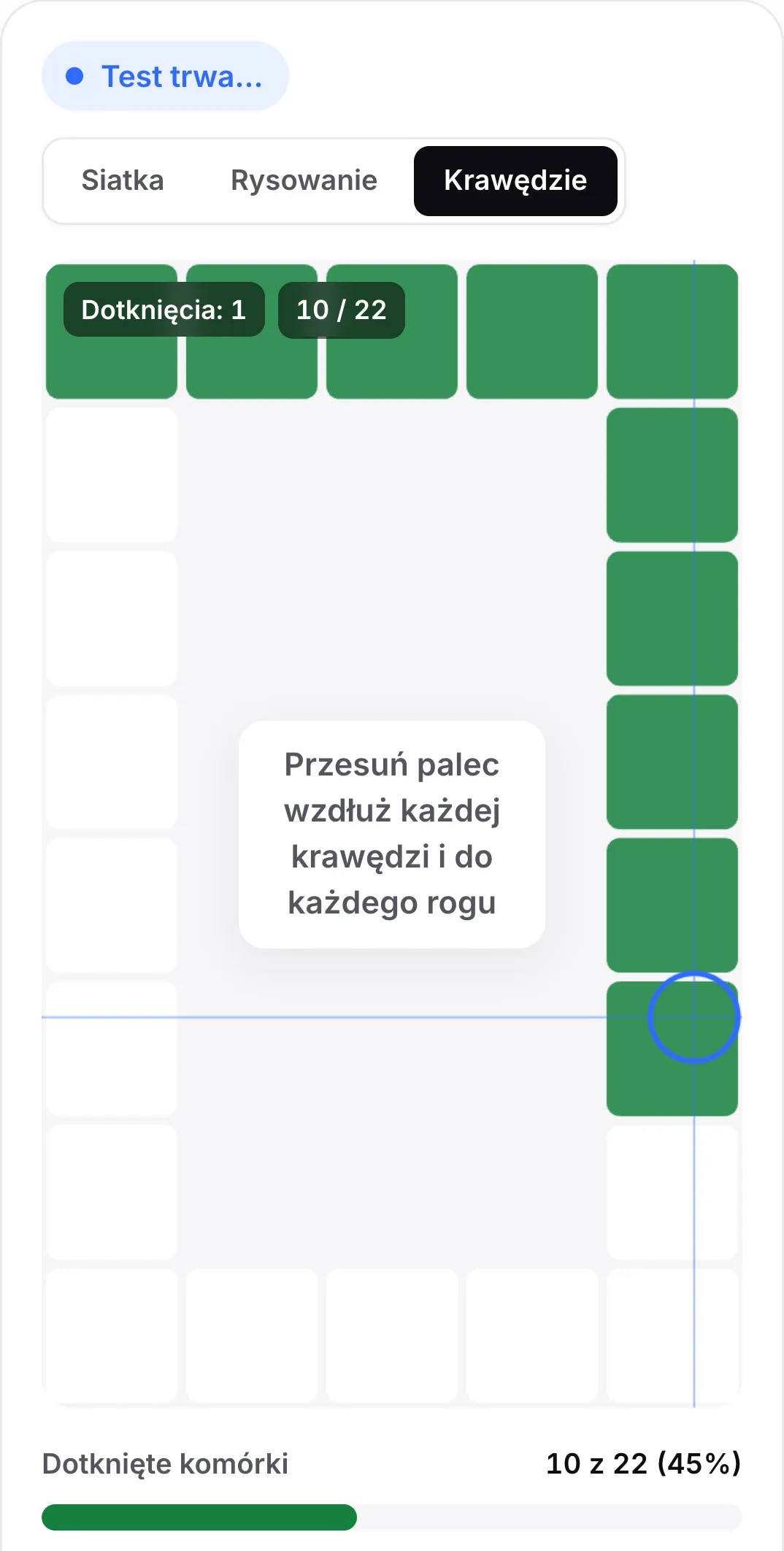 Tryb krawędzi: ramka komórek wokół brzegu z zielonym górnym rzędem i prawą stroną oraz podpowiedzią „Przesuń palec wzdłuż każdej krawędzi i do każdego rogu”
