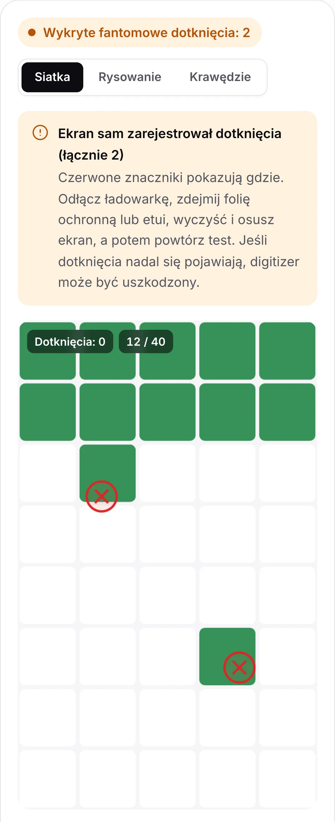 Wynik testu fantomowych dotknięć: pomarańczowy status „Wykryte fantomowe dotknięcia: 2”, wskazówka, aby odłączyć ładowarkę i wyczyścić ekran, oraz dwa czerwone znaczniki na siatce
