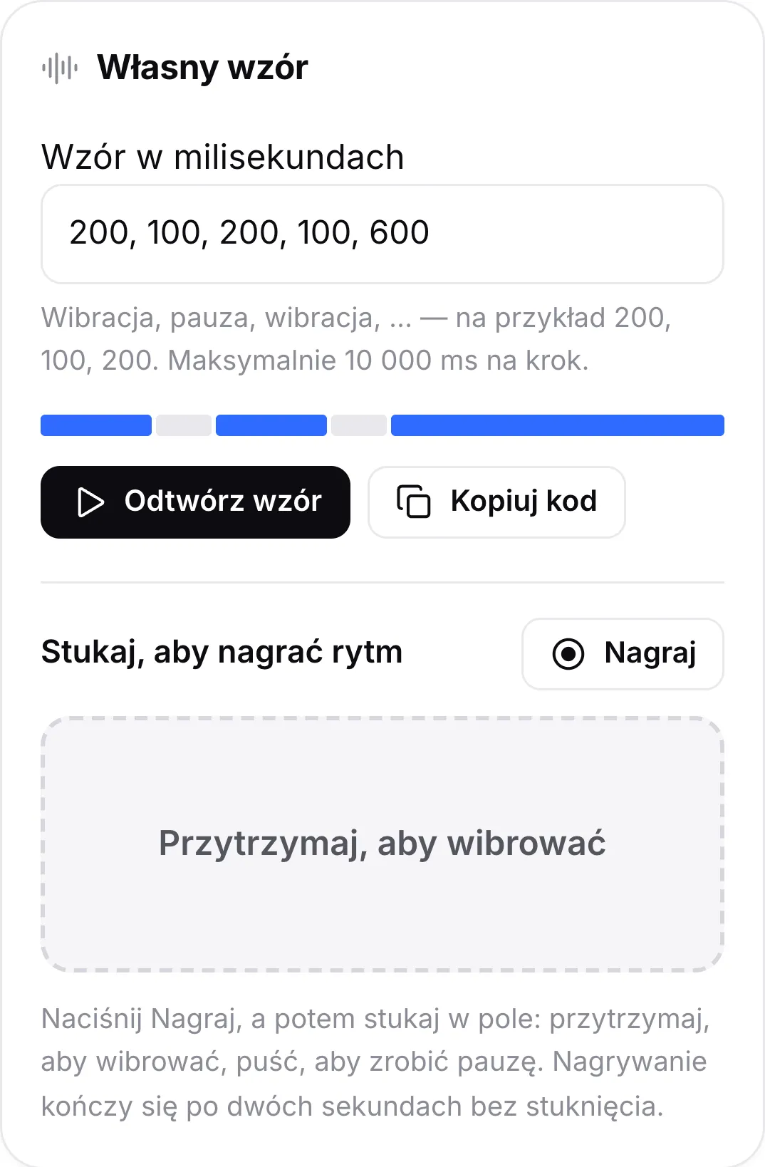 Karta Własny wzór ze wzorem 200, 100, 200, 100, 600, paskiem podglądu, przyciskami Odtwórz wzór i Kopiuj kod oraz polem do stukania do nagrywania rytmu