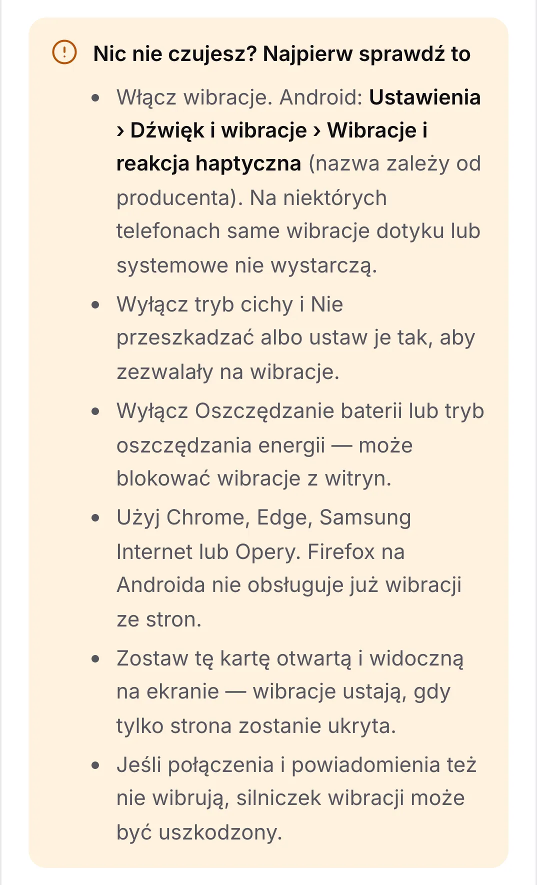 Lista kontrolna „Nic nie czujesz? Najpierw sprawdź to” z sześcioma wskazówkami, zaczynająca się od włączenia wibracji w ustawieniach Androida
