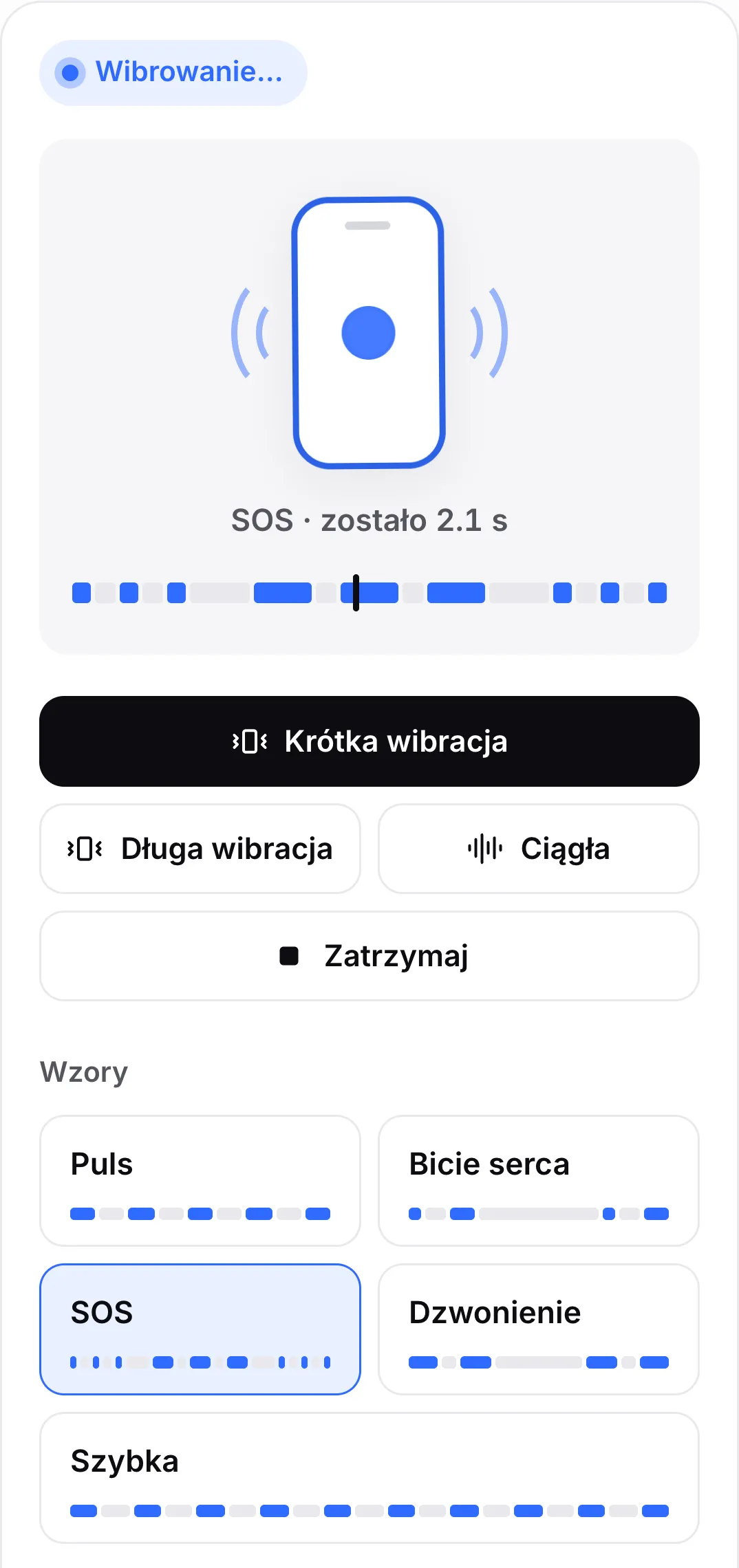 Odtwarzany wzór SOS: jego przycisk jest wyróżniony, a oś czasu nad przyciskami pokazuje krótkie i długie wibracje ze wskaźnikiem w długiej wibracji