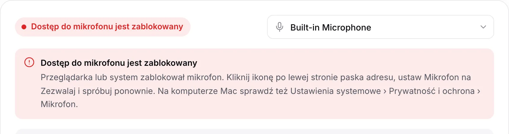 Stroik z czerwonym komunikatem „Dostęp do mikrofonu jest zablokowany” i instrukcją