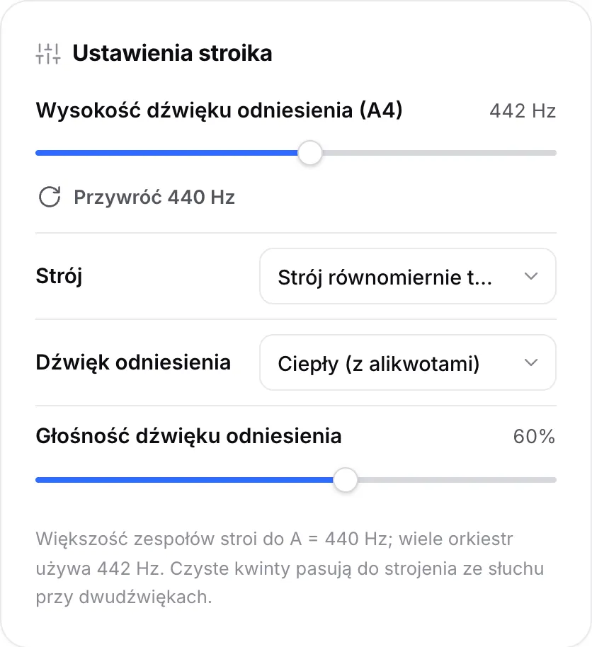 Ustawienia stroika z suwakiem wysokości dźwięku odniesienia (A4) ustawionym na 442 Hz, menu stroju i opcjami dźwięku odniesienia