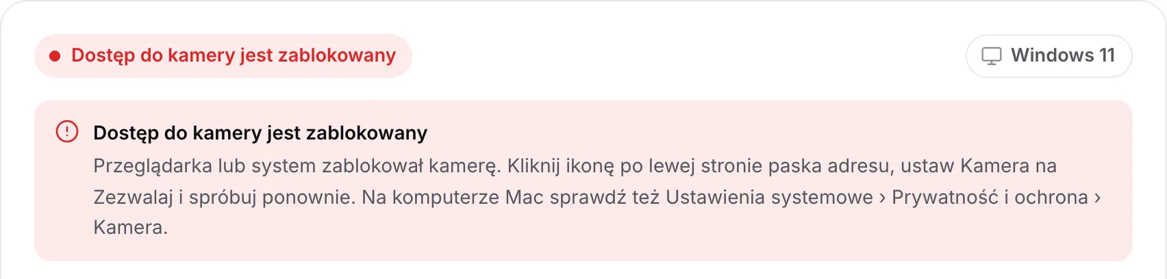 Wyszukiwarka sterowników kamerki z czerwonym komunikatem „Dostęp do kamery jest zablokowany” i instrukcją