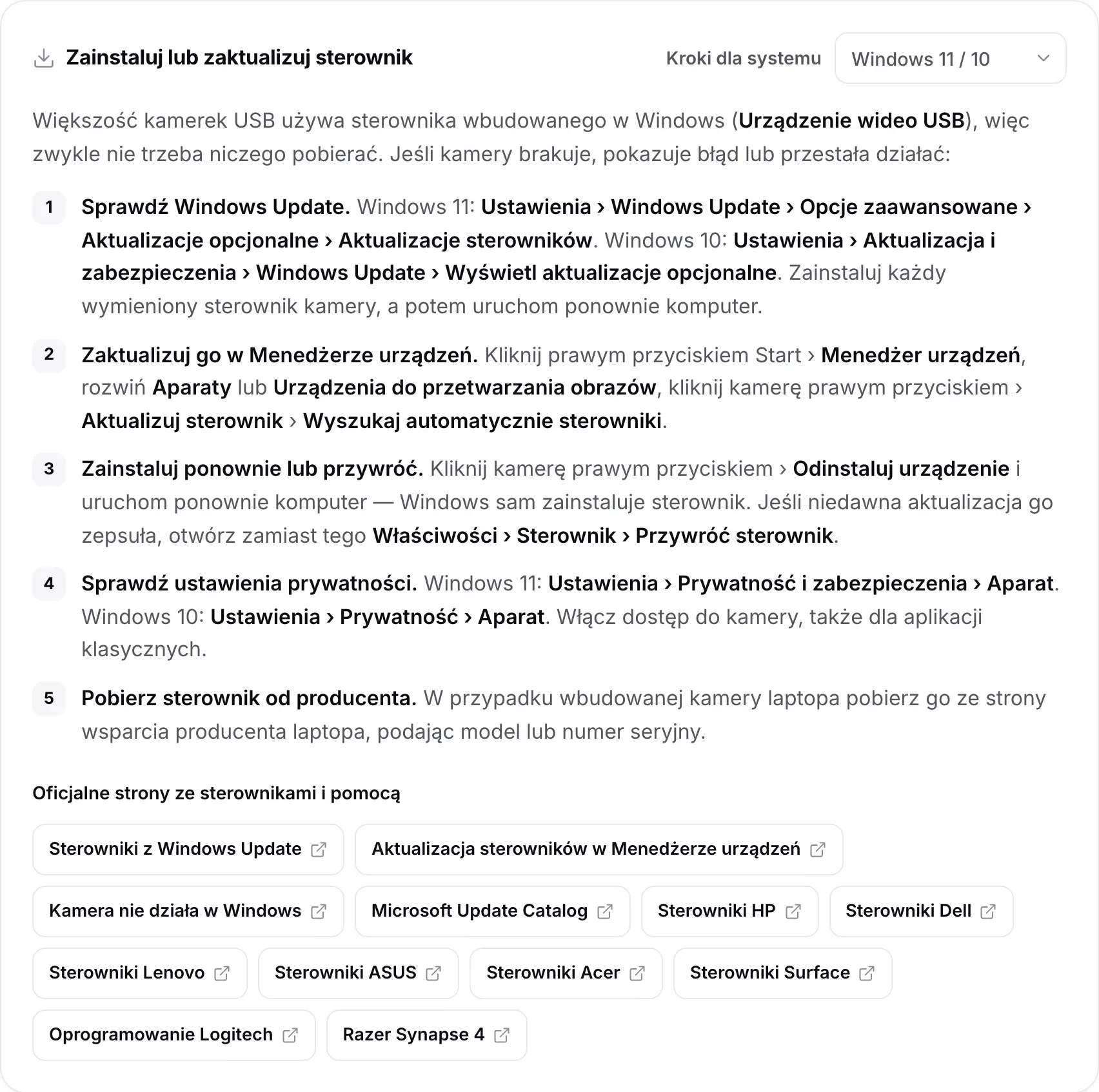 Karta Zainstaluj lub zaktualizuj sterownik z krokami dla Windows 11 / 10 i linkami do oficjalnych stron ze sterownikami i pomocą