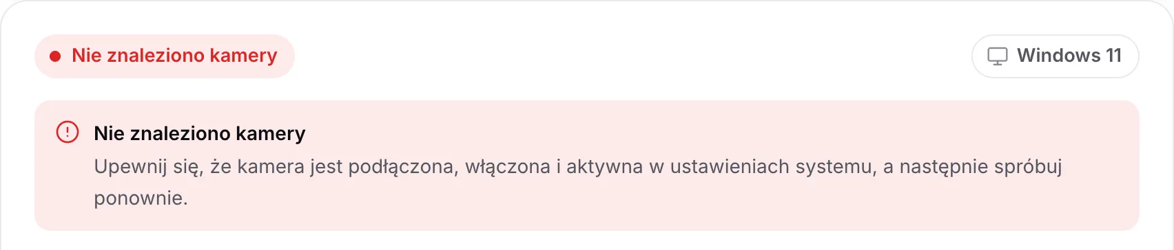 Wyszukiwarka sterowników kamerki pokazująca „Nie znaleziono kamery” ze wskazówką, aby sprawdzić, czy kamera jest podłączona, włączona i aktywna