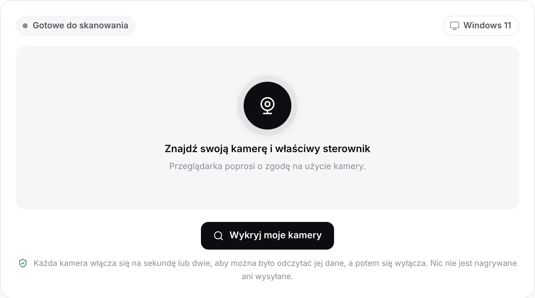 Wyszukiwarka sterowników kamerki przed skanowaniem, z przyciskiem Wykryj moje kamery i wykrytym systemem Windows 11
