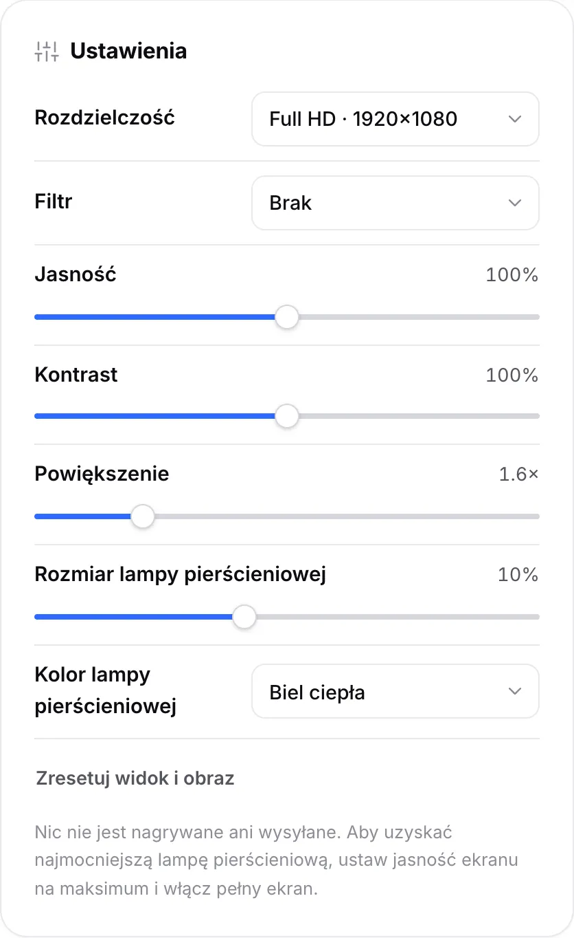 Ustawienia lusterka z jasnością, kontrastem, powiększeniem 1,6×, rozmiarem lampy pierścieniowej 10% i kolorem lampy Biel ciepła