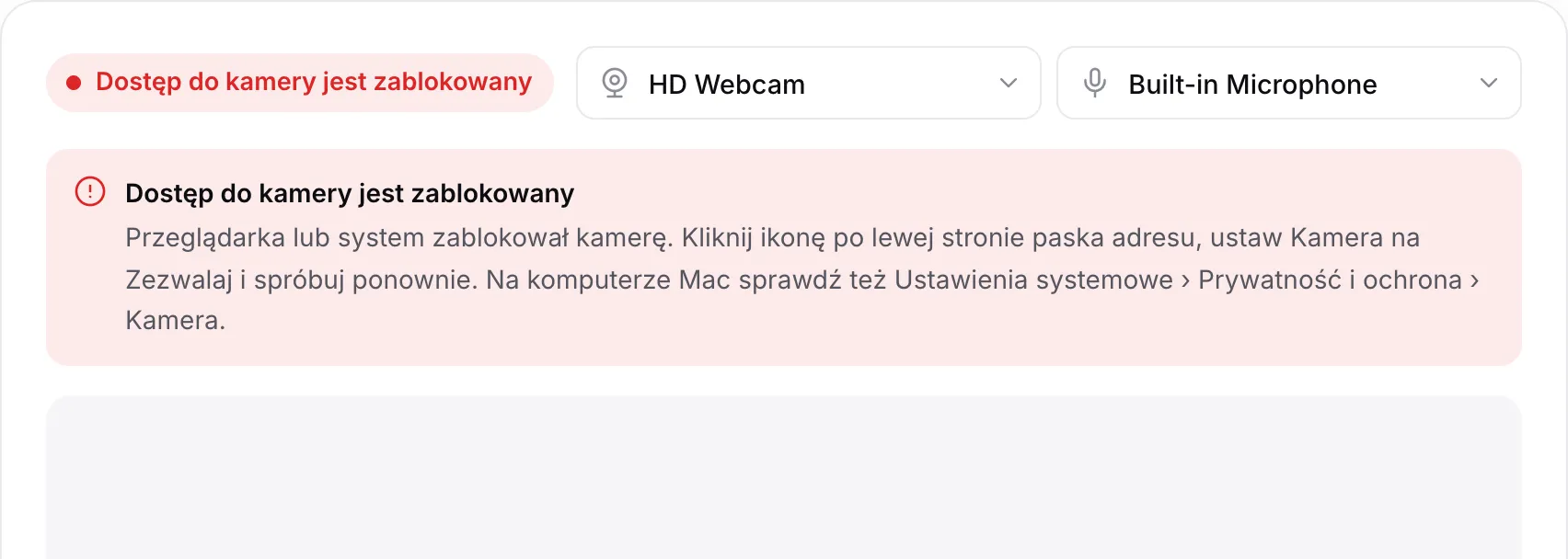 Rejestrator z kamerki z czerwonym komunikatem „Dostęp do kamery jest zablokowany” i instrukcją