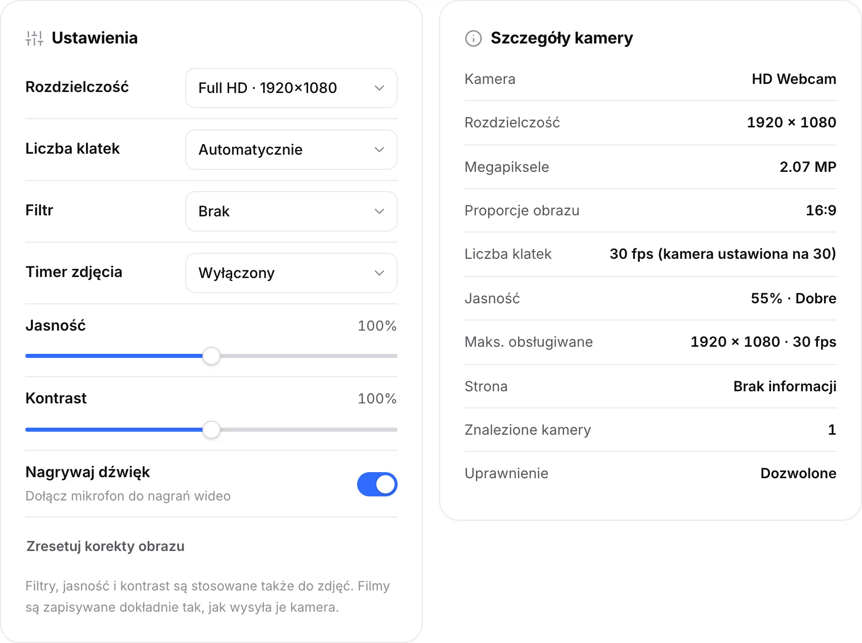 Ustawienia z rozdzielczością Full HD obok Szczegółów kamery pokazujących 1920 × 1080, 30 fps i jasność 55% · Dobre