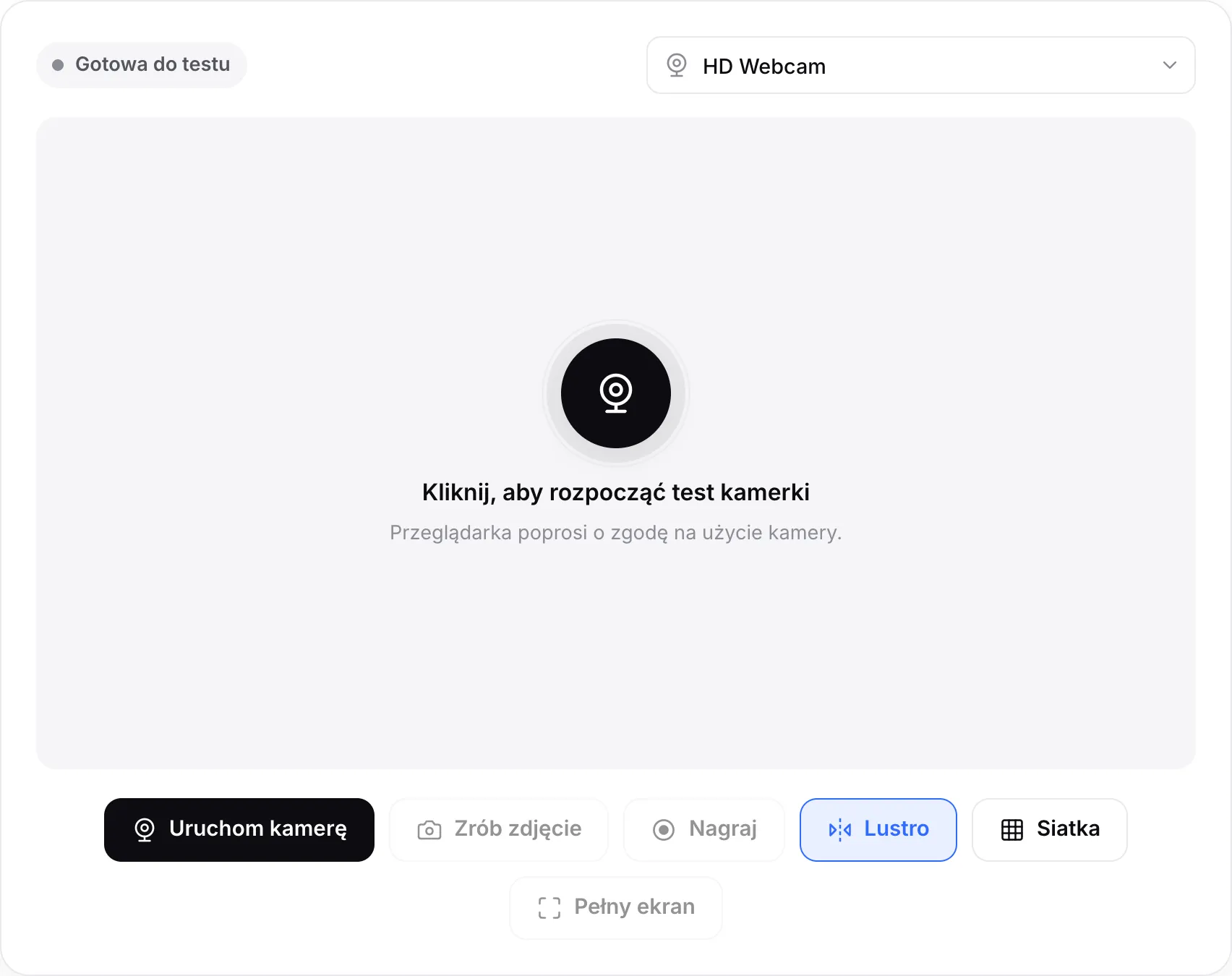 Test kamerki przed startem, z przyciskiem Uruchom kamerę i menu kamery