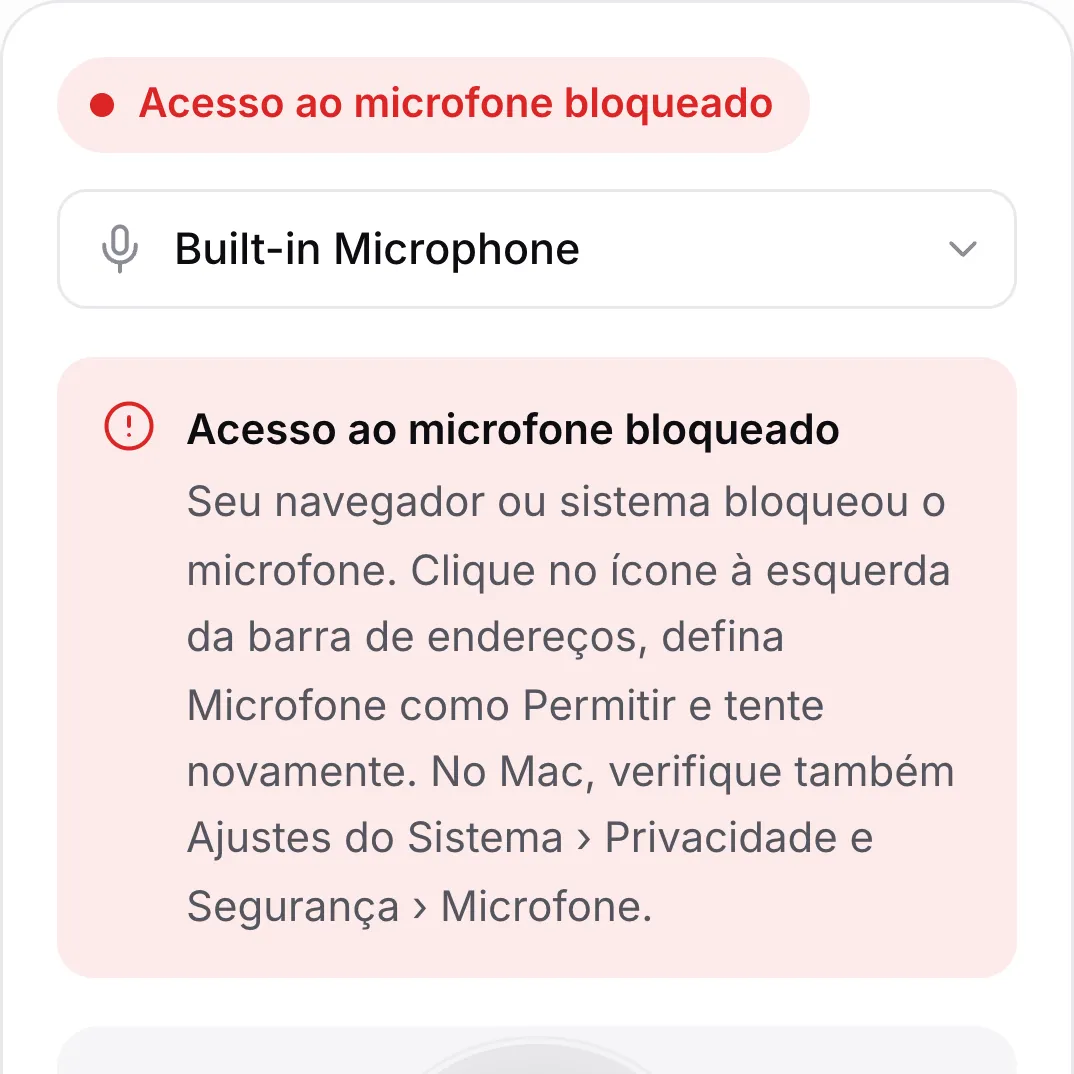O teste de microfone em um celular mostrando a mensagem vermelha “Acesso ao microfone bloqueado”