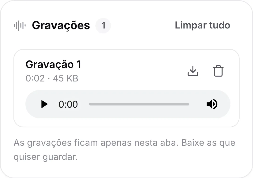 Uma gravação em um celular com duração, um player e botões de baixar e excluir