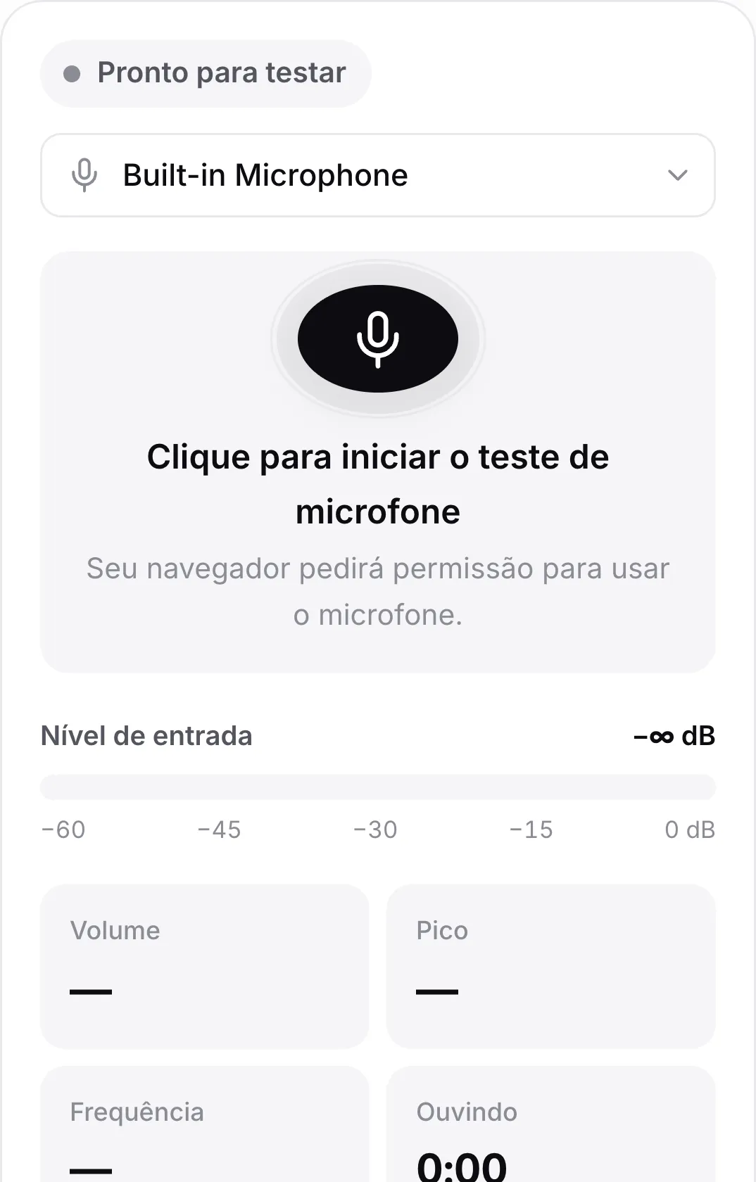 O teste de microfone em um celular antes de começar, com o botão grande do microfone
