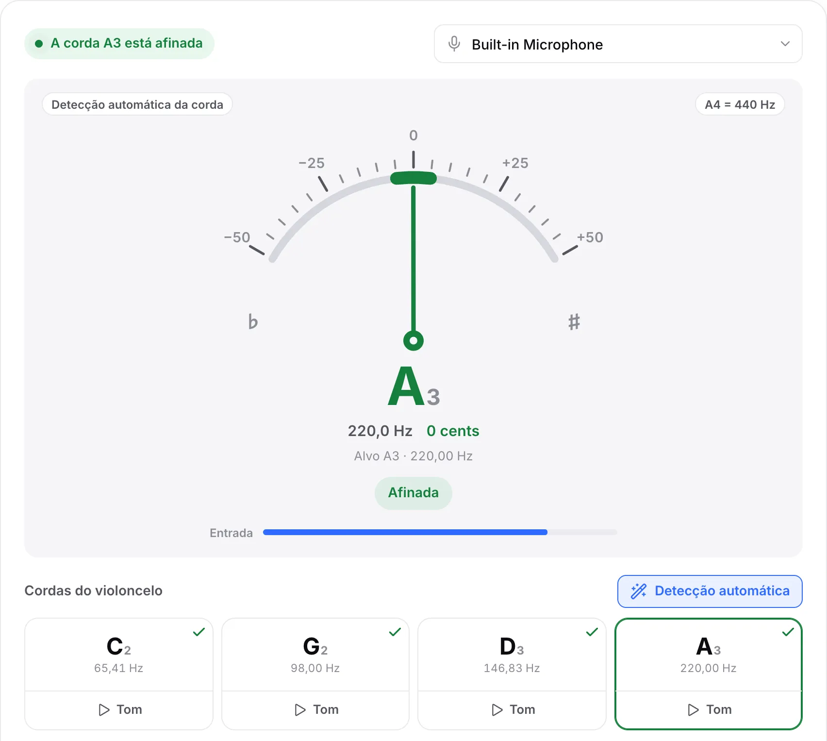 As quatro cordas do violoncelo com sinais de confirmação e a corda A afinada: um ponteiro verde em 0 cents e o status “A corda A3 está afinada”