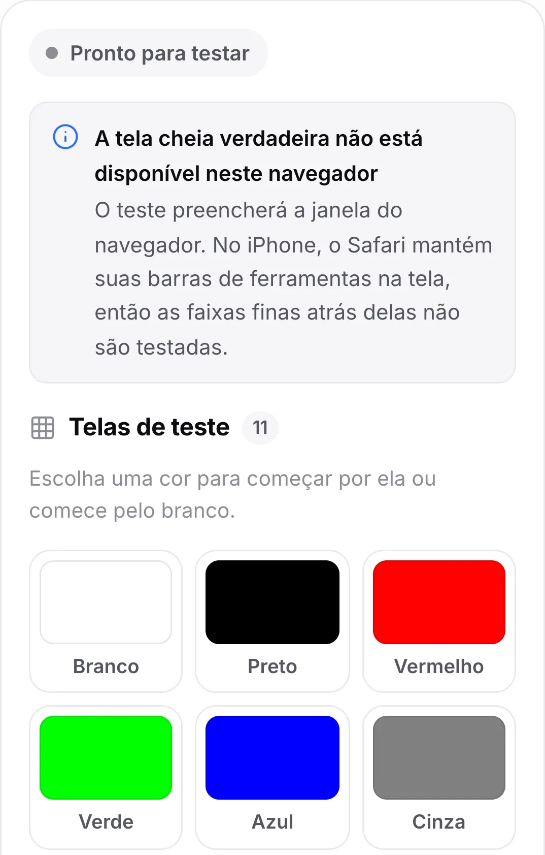 O teste de pixel morto em um iPhone mostrando o aviso “A tela cheia verdadeira não está disponível neste navegador” acima das amostras de cor