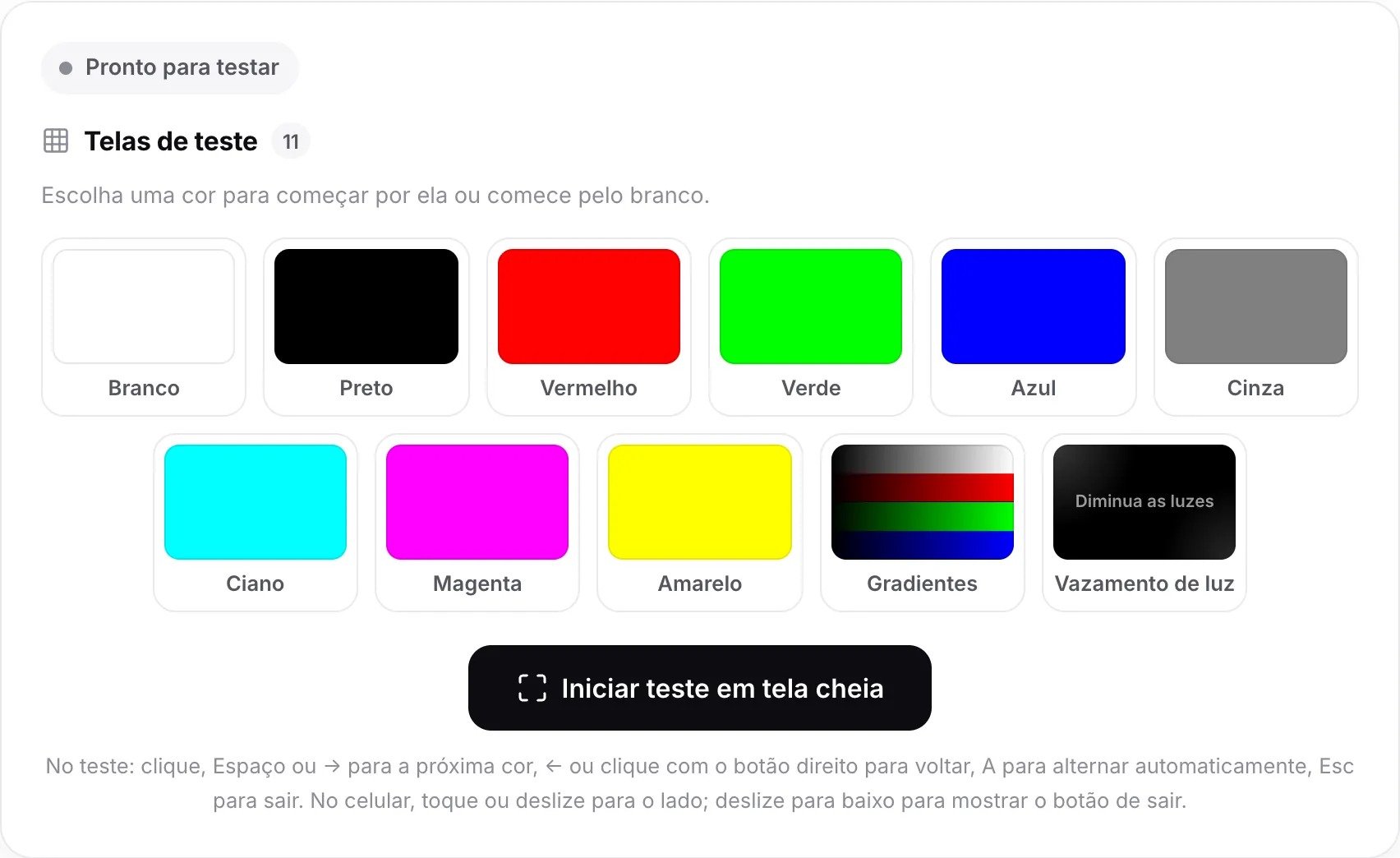 O teste de pixel morto com onze amostras de cor, de Branco a Vazamento de luz, acima do botão Iniciar teste em tela cheia