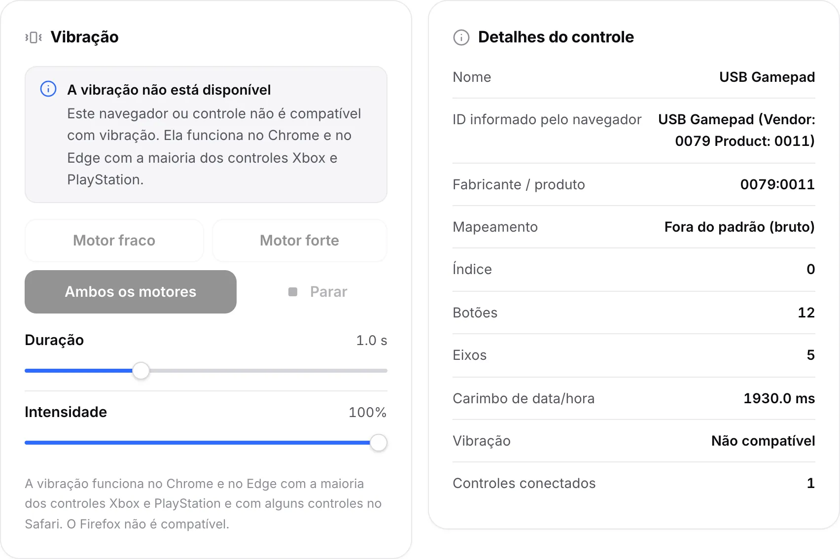 O painel Vibração com o aviso “A vibração não está disponível” e botões de motor desativados; Detalhes do controle mostra Vibração: Não compatível