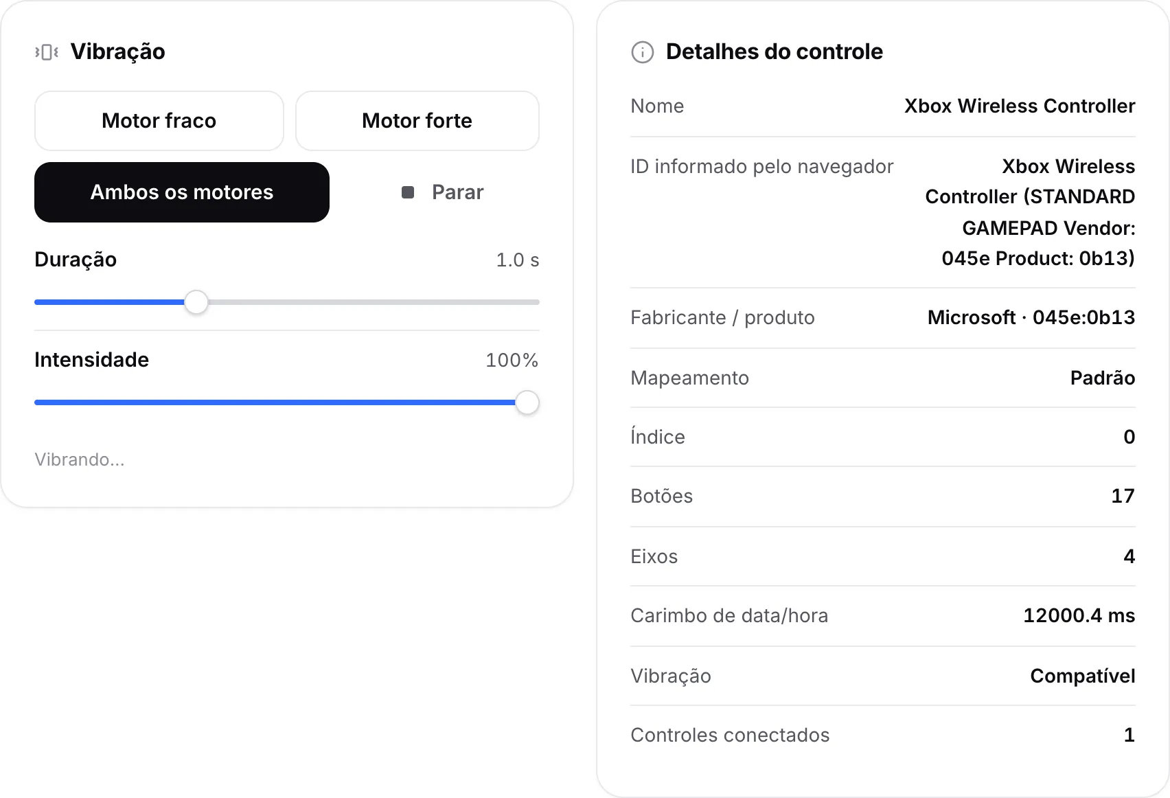 O painel Vibração com os botões de motor e controles deslizantes ao lado do painel Detalhes do controle mostrando nome, ID, fabricante e mapeamento
