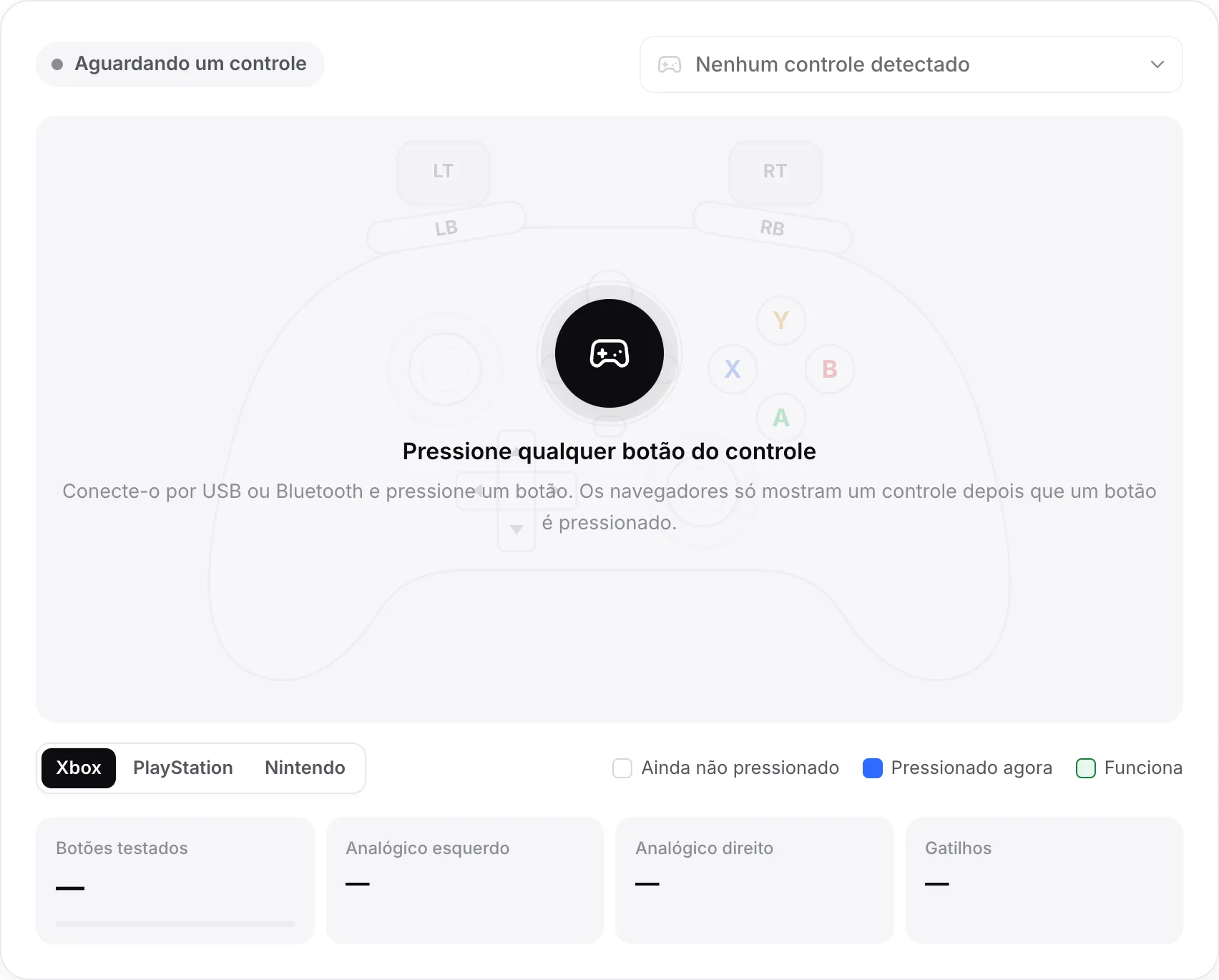O testador de gamepad aguardando um controle, com a mensagem “Pressione qualquer botão do controle”