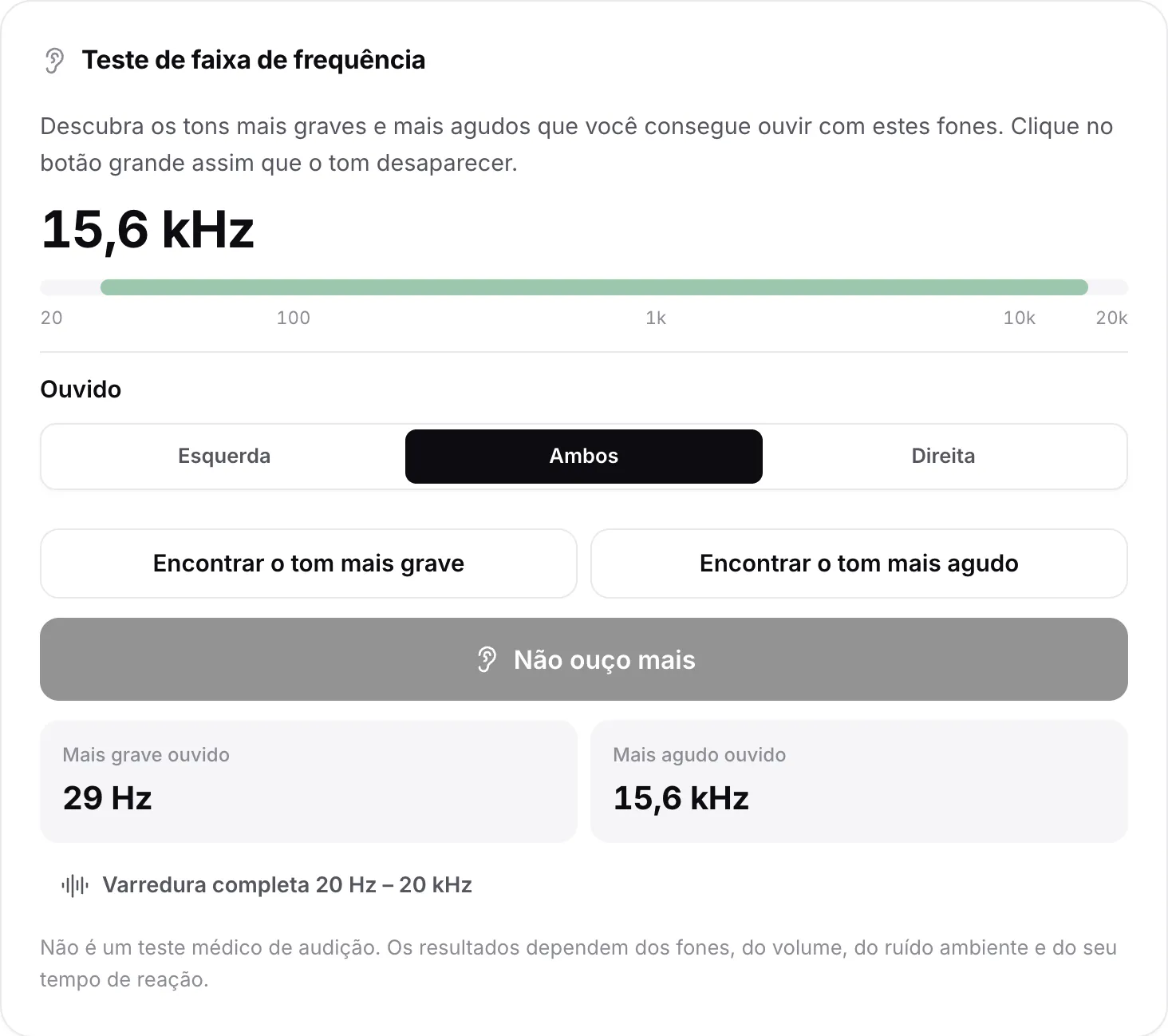 O teste de faixa de frequência com resultados: tom mais grave ouvido 30 Hz, mais agudo 15,6 kHz, mostrados como uma faixa verde na escala