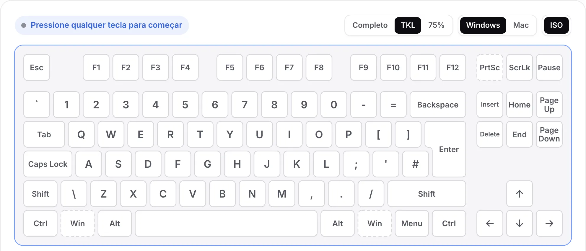 O layout TKL com ISO ativado: uma tecla Enter alta e uma tecla extra ao lado do Shift esquerdo, sem teclado numérico