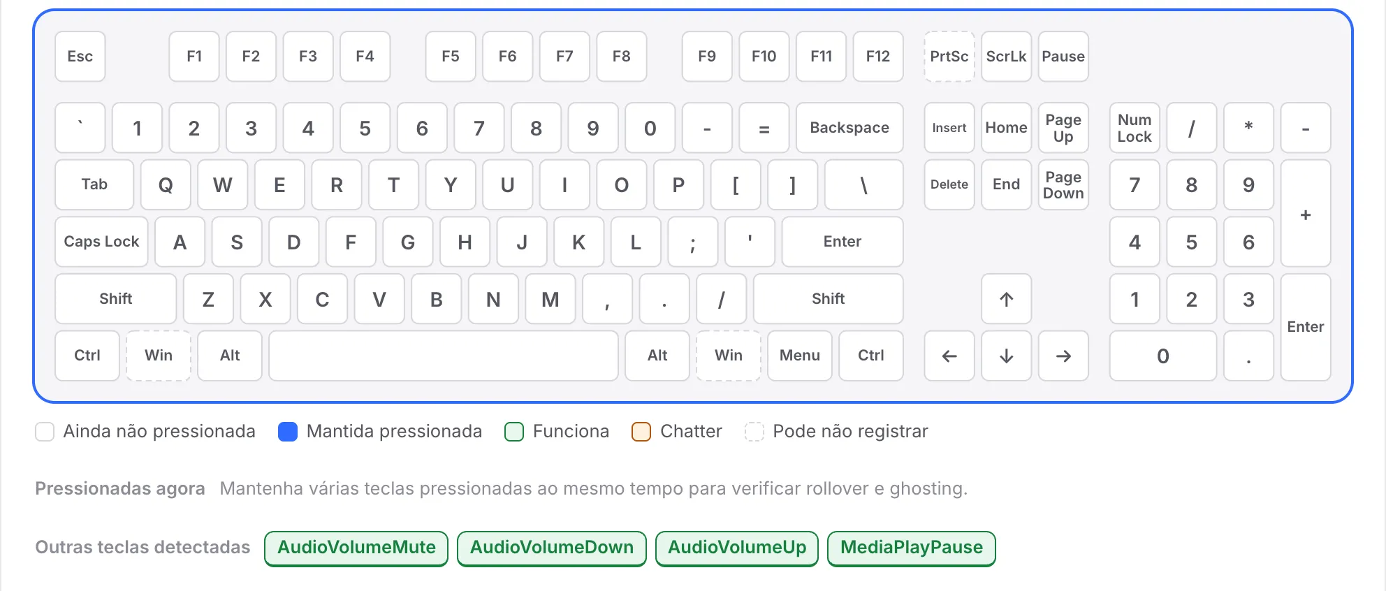 A linha F ainda branca enquanto AudioVolumeMute, AudioVolumeDown, AudioVolumeUp e MediaPlayPause aparecem listadas em Outras teclas detectadas