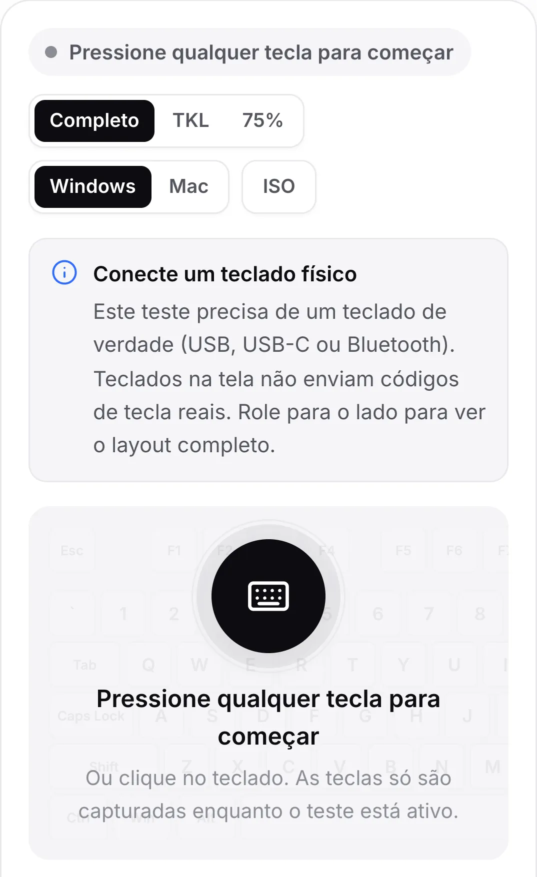 O teste de teclado em um celular com o aviso “Conecte um teclado físico”