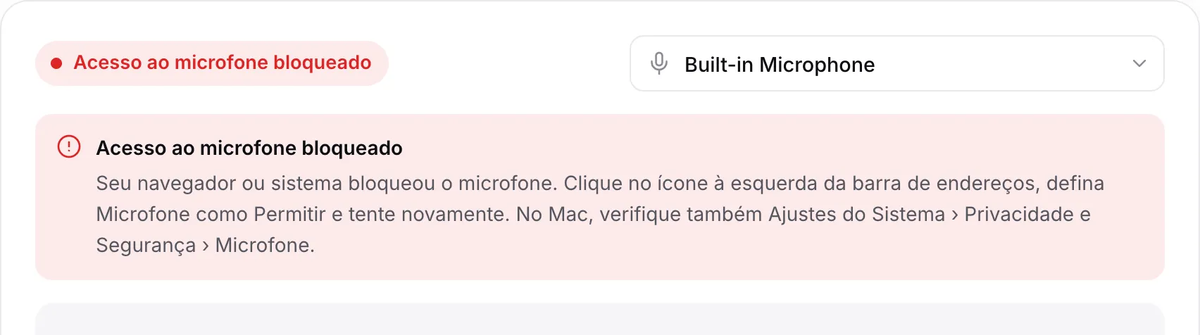 O teste de microfone mostrando a mensagem vermelha “Acesso ao microfone bloqueado” com instruções