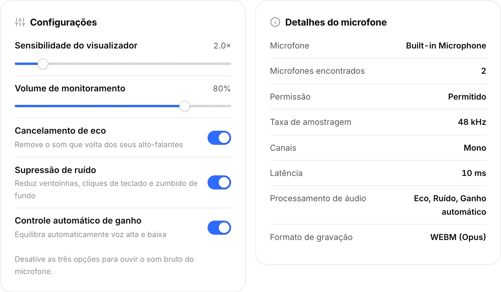 O painel de Configurações com os controles de processamento de áudio ao lado do painel de Detalhes do microfone