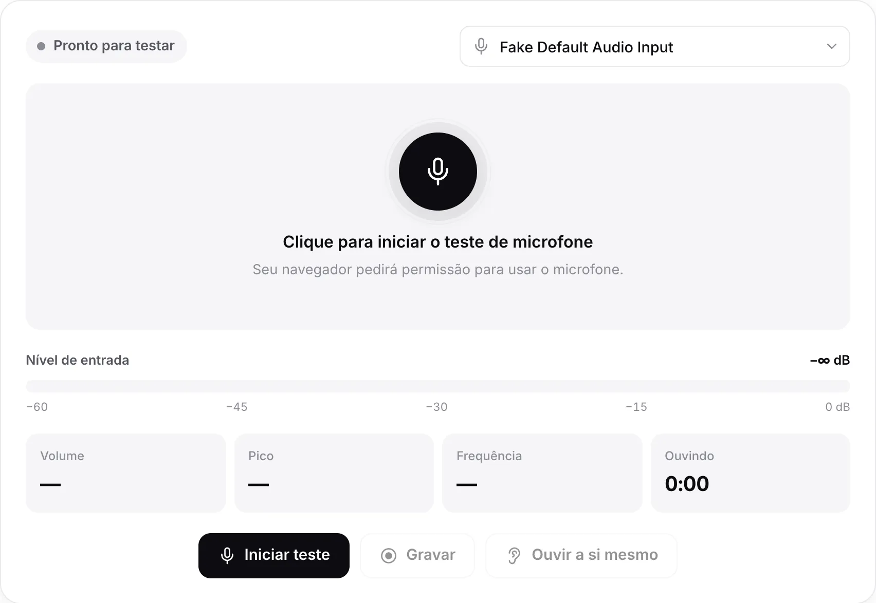 O teste de microfone antes de começar, com o botão Iniciar teste e o menu de microfones