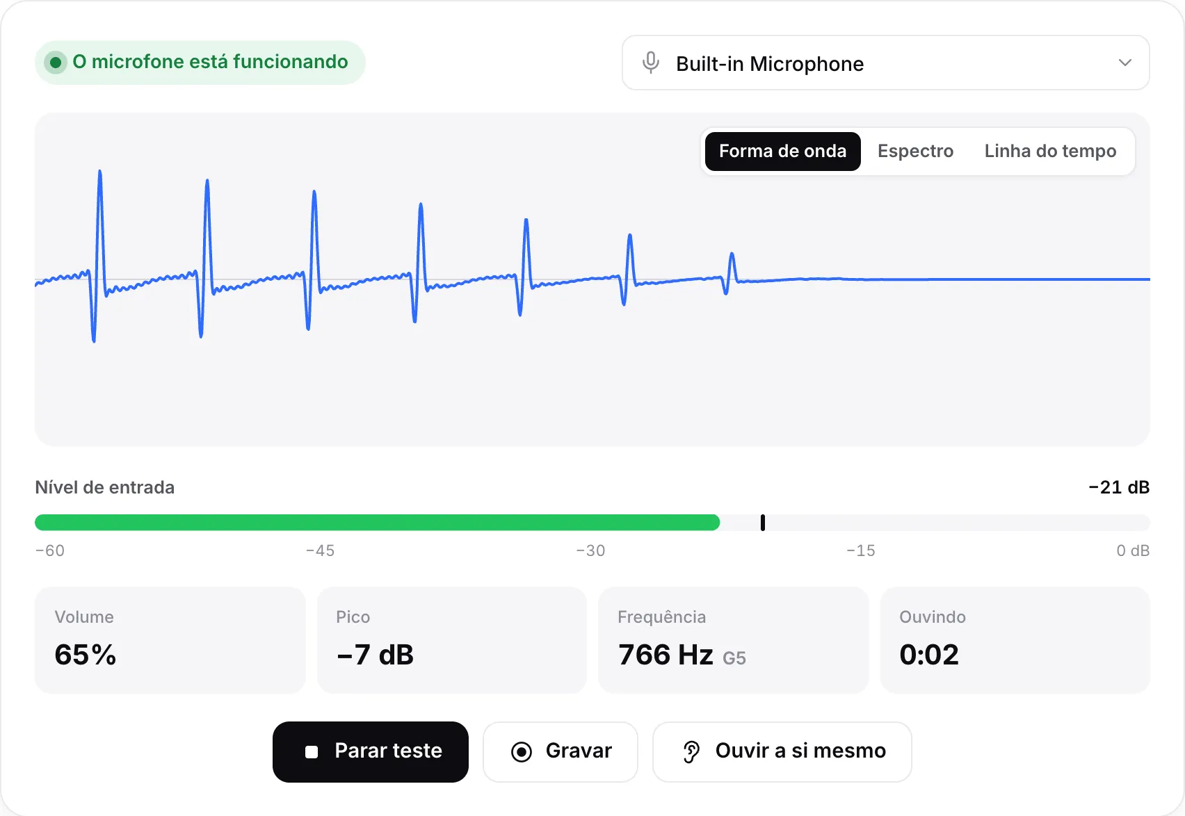 Um microfone funcionando: forma de onda em movimento, nível de entrada de cerca de −26 dB e o status verde “O microfone está funcionando”