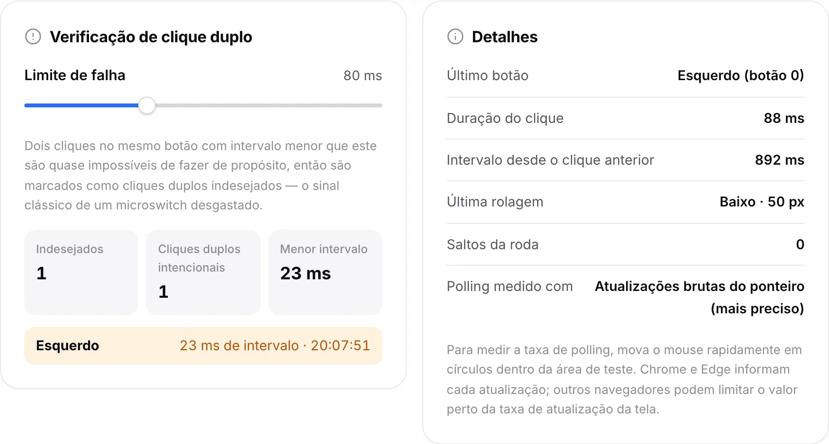 O painel Verificação de clique duplo listando um clique duplo indesejado no botão esquerdo e um clique duplo intencional, ao lado do painel Detalhes