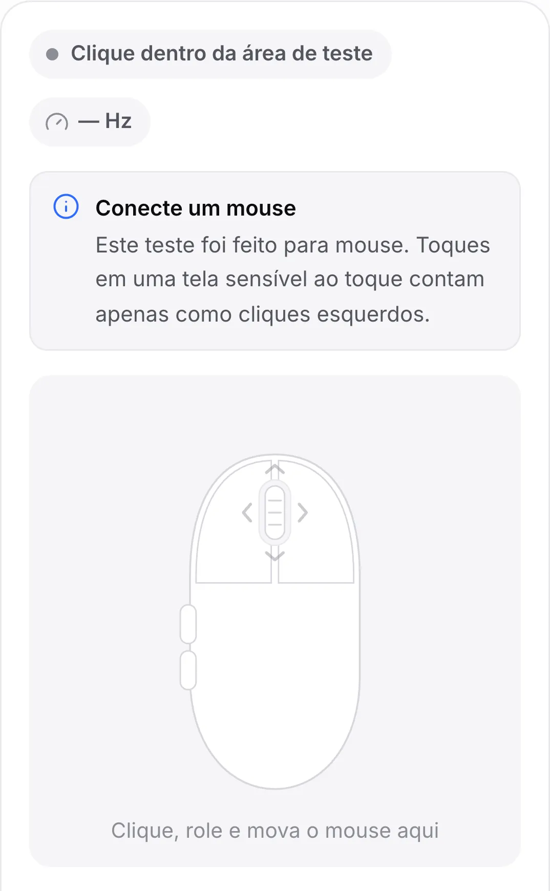 O teste de mouse em um celular com o aviso “Conecte um mouse”