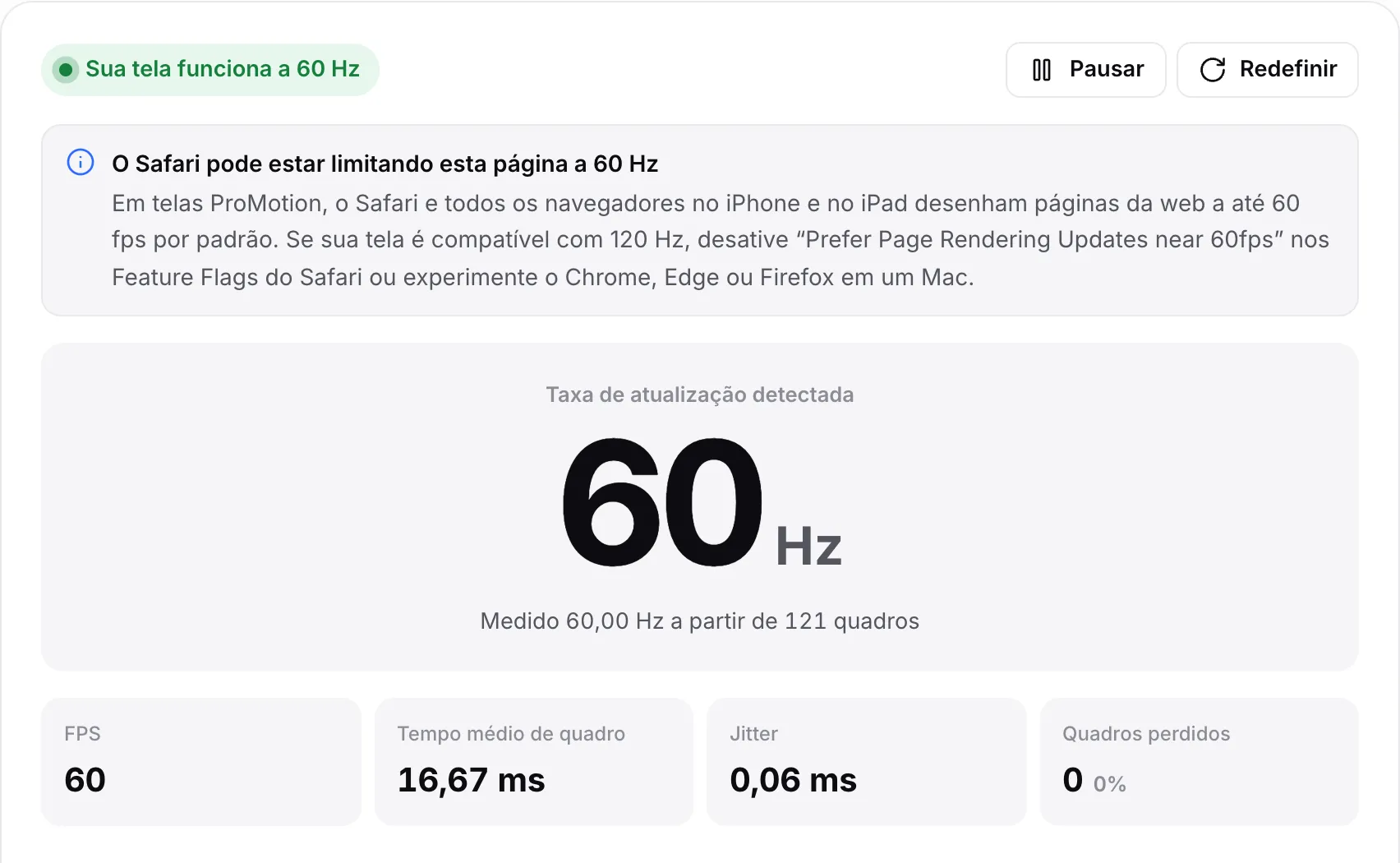 O aviso “O Safari pode estar limitando esta página a 60 Hz” acima de um resultado de 60 Hz