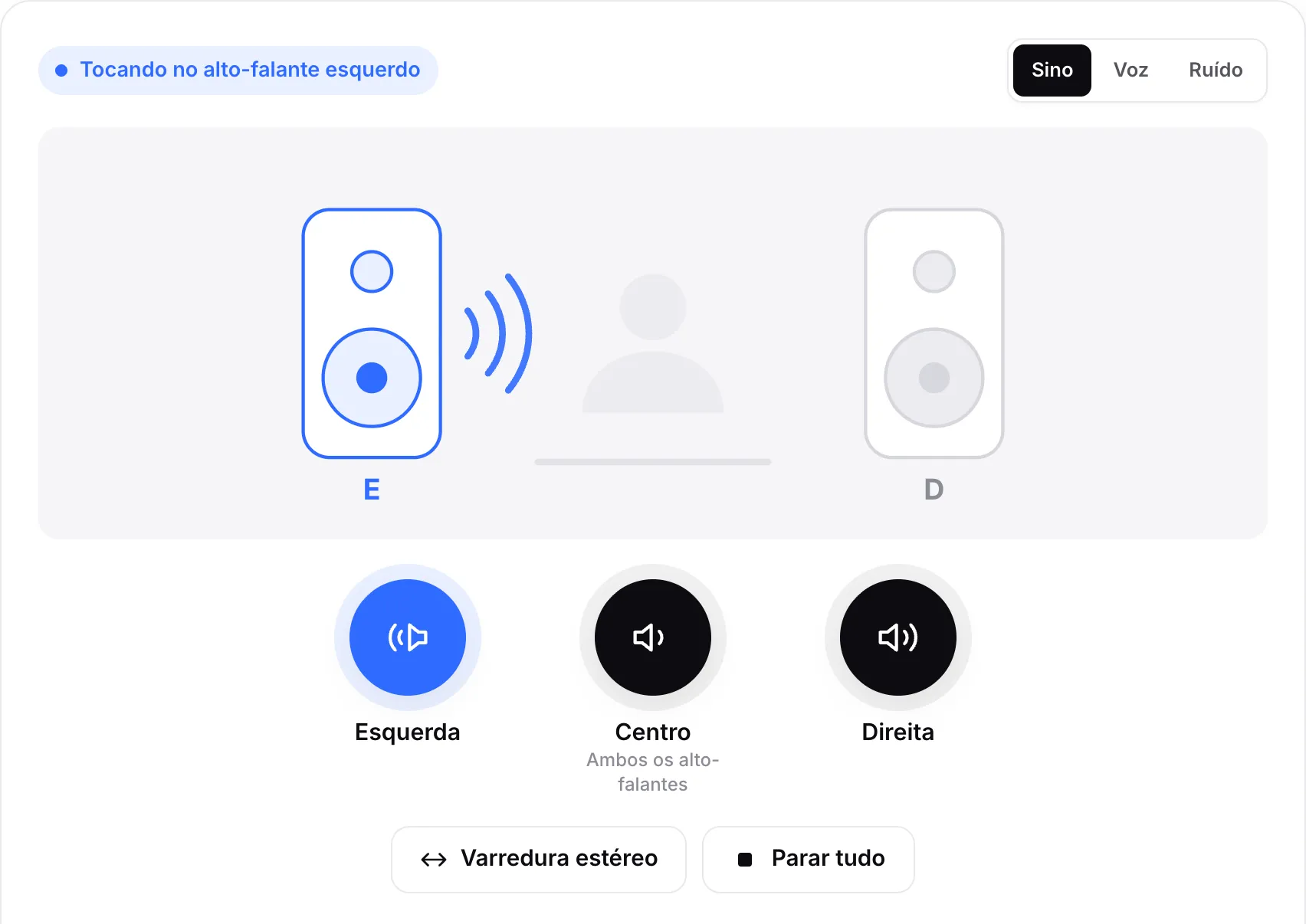O teste de som tocando no alto-falante esquerdo: o alto-falante esquerdo no diagrama está aceso e o botão Esquerda está destacado