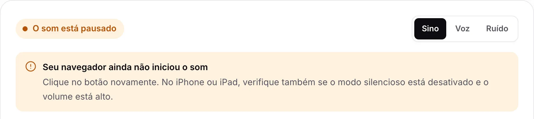 O teste de som mostrando o status laranja “O som está pausado” e o aviso “Seu navegador ainda não iniciou o som”
