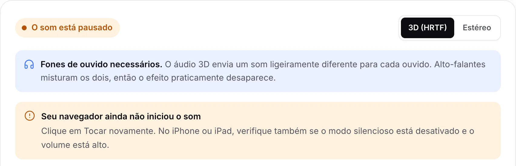 O teste de áudio 3D mostrando o status laranja “O som está pausado” e o aviso “Seu navegador ainda não iniciou o som”
