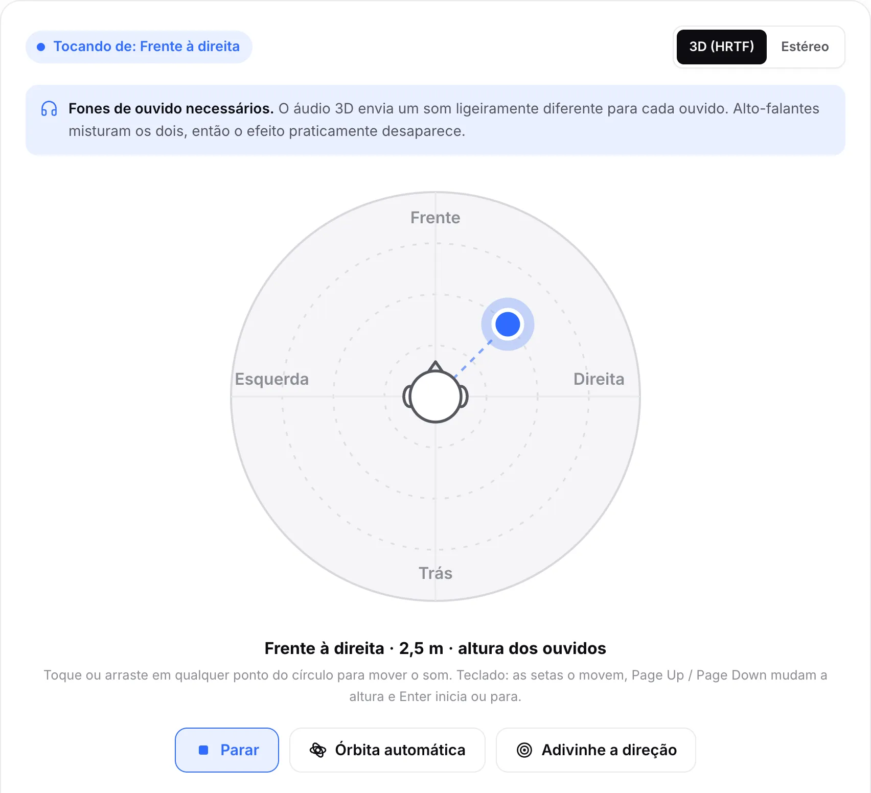 A sala 3D tocando um som da frente à direita, a 2,5 m de distância na altura dos ouvidos, com o ponto acima e à direita da cabeça
